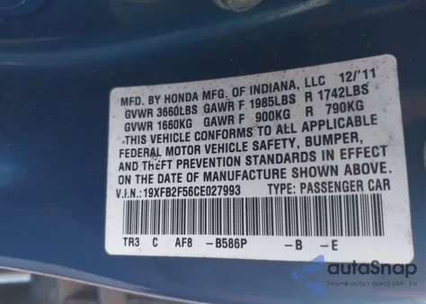 2012 Honda Civic Lx from USA, damaged, VIN 19XFB2F56CE027993